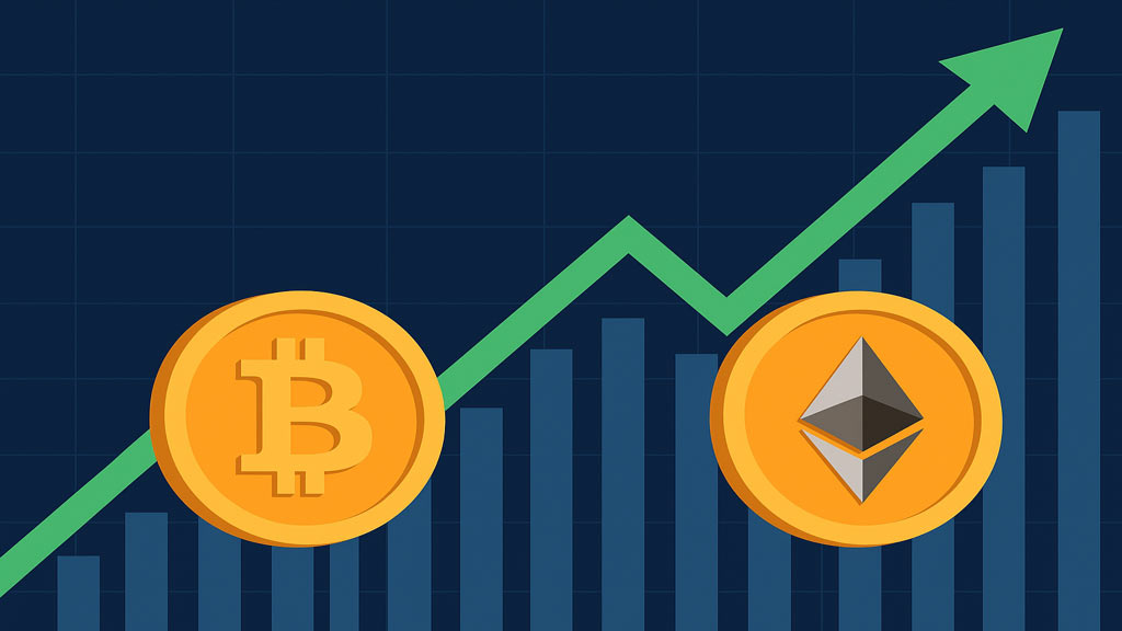 Gráfico con flecha ascendente y monedas de Bitcoin y Ethereum representando el crecimiento del mercado cripto en abril de 2025